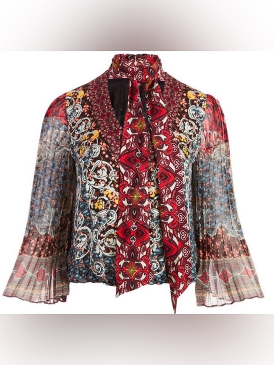Alice + Olivia Tops - Alice + Olivia Elaina Sunburst Pleated Tie-Neck Bow Blouse Women’s Size 8